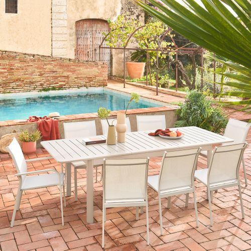 Table De Jardin Extensible Aluminium Et Textilène Beige. 6 Chaises. 2 Fauteuils. 8 Places. 236.5 X