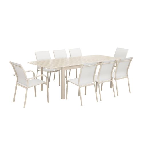 Table De Jardin Extensible Aluminium Et Textilène Beige. 6 Chaises. 2 Fauteuils. 8 Places. 236.5 X
