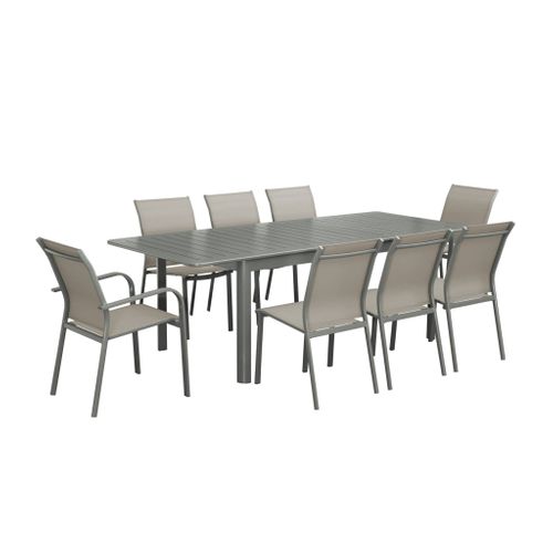 Table De Jardin Extensible Aluminium Et Textilène Kaki. 6 Chaises. 2 Fauteuils. 8 Places. 236.5 X