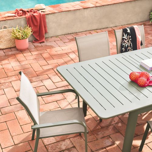 Table De Jardin Extensible Aluminium Et Textilène Kaki. 6 Chaises. 2 Fauteuils. 8 Places. 236.5 X