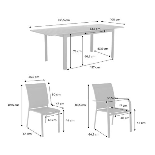 Table De Jardin Extensible Aluminium Et Textilène Anthracite. 6 Chaises. 2 Fauteuils. 8 Places.