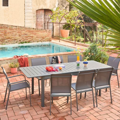 Table De Jardin Extensible Aluminium Et Textilène Anthracite. 6 Chaises. 2 Fauteuils. 8 Places.