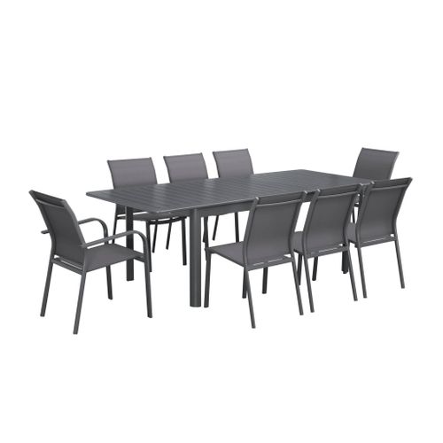 Table De Jardin Extensible Aluminium Et Textilène Anthracite. 6 Chaises. 2 Fauteuils. 8 Places.