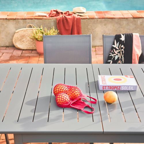 Table De Jardin Extensible Aluminium Et Textilène Anthracite. 6 Chaises. 2 Fauteuils. 8 Places.