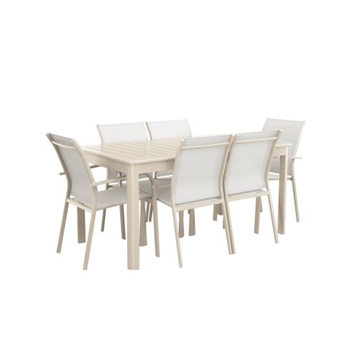 Table De Jardin Extensible Aluminium + 6 Assises Beige. 4 Chaises. 2 Fauteuils. 6 Places. Textilène