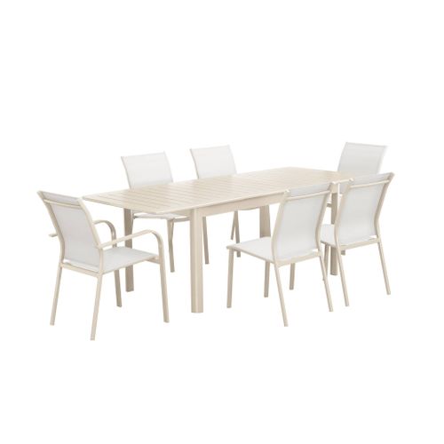 Table De Jardin Extensible Aluminium + 6 Assises Beige. 4 Chaises. 2 Fauteuils. 6 Places. Textilène