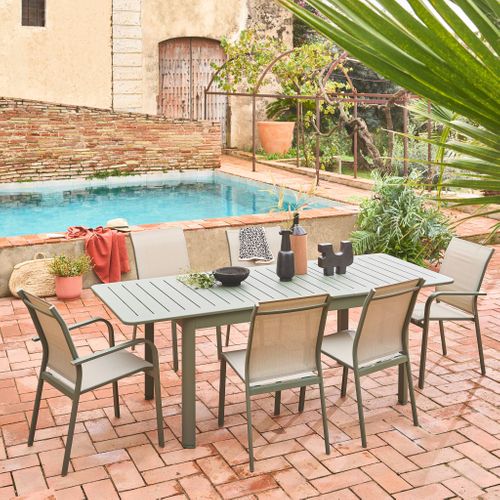 Table De Jardin Extensible Aluminium + 6 Assises Kaki. 4 Chaises. 2 Fauteuils. 6 Places. Textilène