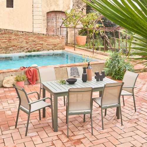 Table De Jardin Extensible Aluminium + 6 Assises Kaki. 4 Chaises. 2 Fauteuils. 6 Places. Textilène