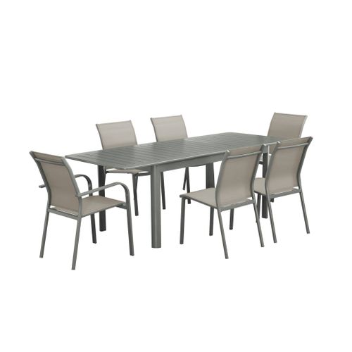 Table De Jardin Extensible Aluminium + 6 Assises Kaki. 4 Chaises. 2 Fauteuils. 6 Places. Textilène