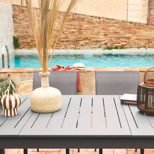 Table De Jardin Extensible Aluminium + 6 Assises Anthracite. 4 Chaises. 2 Fauteuils. 6 Places.