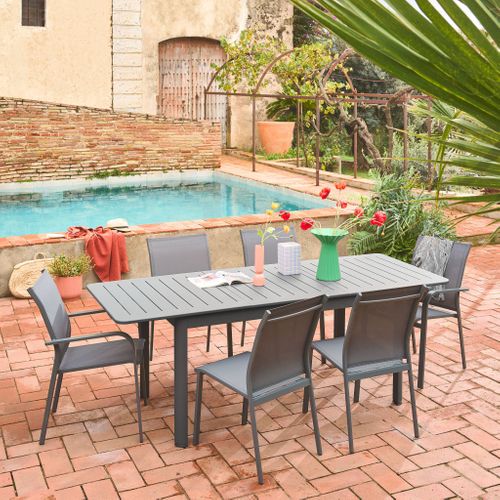 Table De Jardin Extensible Aluminium + 6 Assises Anthracite. 4 Chaises. 2 Fauteuils. 6 Places.