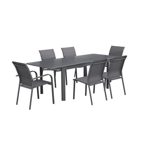 Table De Jardin Extensible Aluminium + 6 Assises Anthracite. 4 Chaises. 2 Fauteuils. 6 Places.