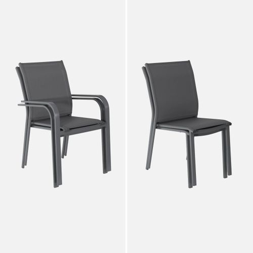 Table De Jardin Extensible Aluminium + 6 Assises Anthracite. 4 Chaises. 2 Fauteuils. 6 Places.