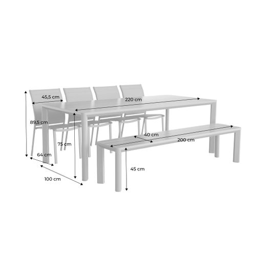 Table De Jardin Aluminium + 4 Assises + 1 Banc Aluminium Et Textilène Anthracite. 220 X 100 X 75 Cm