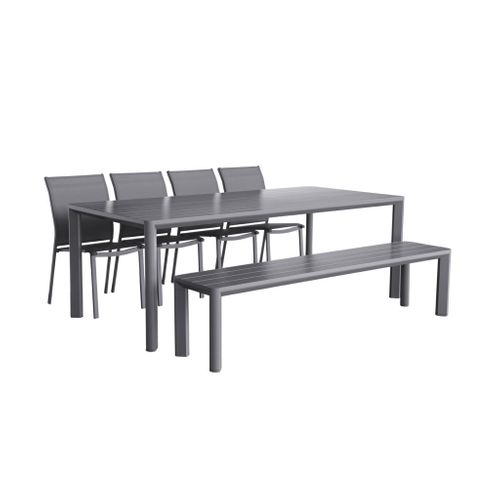 Table De Jardin Aluminium + 4 Assises + 1 Banc Aluminium Et Textilène Anthracite. 220 X 100 X 75 Cm