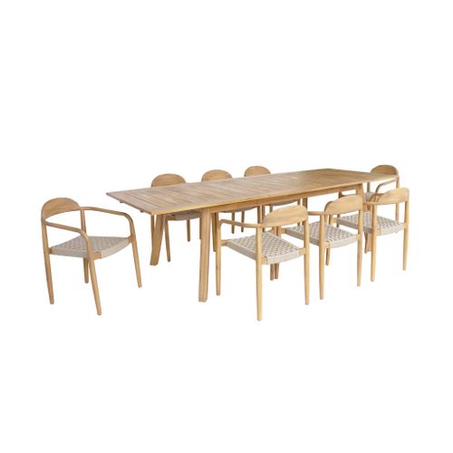 Table De Jardin Extensible Bois D'acacia + 8 Assises Palena Et Cerina  Naturel Et Beige 275 X 100 X