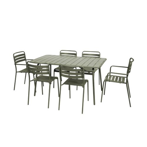Table De Jardin Pliante Métal + 6 Assises 2 Fauteuils 4 Chaises. Amelia. Kaki. 141.2 X 80 X 72.5cm