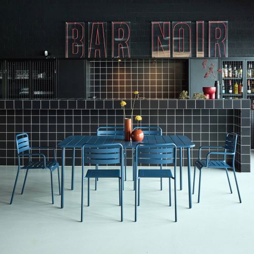 Table De Jardin Métal + 6 Assises Bleu Marine. Acier Traitement Anti Rouille