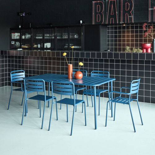 Table De Jardin Métal + 6 Assises Bleu Marine. Acier Traitement Anti Rouille