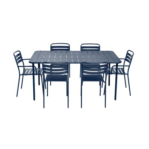 Table De Jardin Métal + 6 Assises Bleu Marine. Acier Traitement Anti Rouille