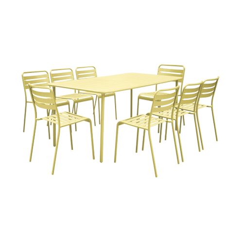 Table De Jardin Métal + 8 Assises Jaune Traitement Antirouille. Lattes Et Bords Arrondis