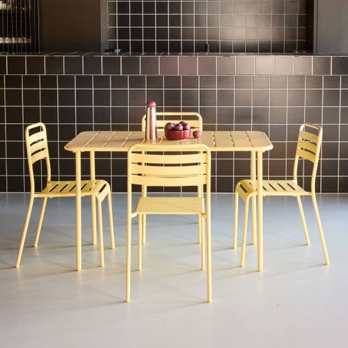 Table De Jardin Métal + 4 Assises Jaune En Acier. Amelia. 120 X 70 X 72.5 Cm