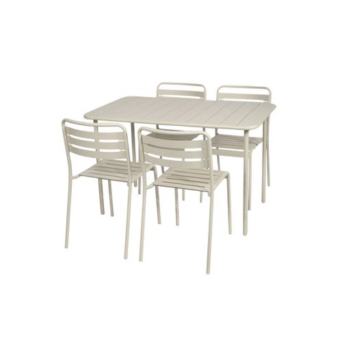 Table De Jardin Métal + 4 Assises Beige En Acier. Amelia. 120 X 70 X 72.5 Cm