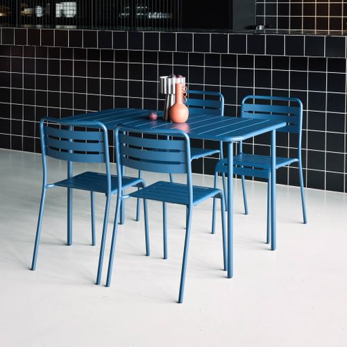 Table De Jardin Métal + 4 Assises Bleu Marine En Acier. Amelia. 120 X 70 X 72.5 Cm