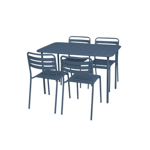 Table De Jardin Métal + 4 Assises Bleu Marine En Acier. Amelia. 120 X 70 X 72.5 Cm