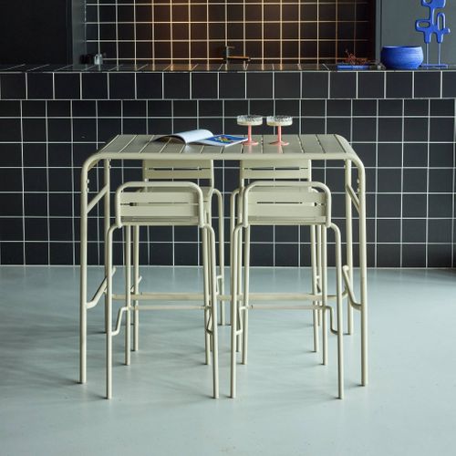 Table Haute De Jardin Acier + 4 Assises Amelia Beige. 4 Chaises Hautes En Acier. 120 X 70cm X 95cm