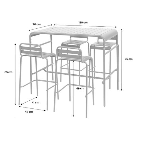 Table Haute De Jardin Acier + 4 Assises Amelia Kaki. 4 Chaises Hautes En Acier. 120 X 70cm X 95cm