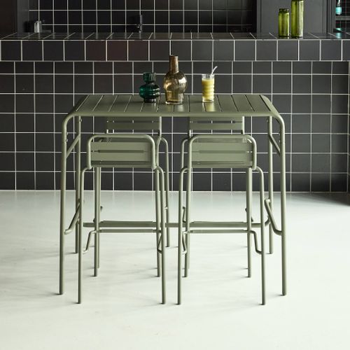 Table Haute De Jardin Acier + 4 Assises Amelia Kaki. 4 Chaises Hautes En Acier. 120 X 70cm X 95cm