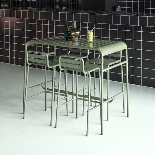 Table Haute De Jardin Acier + 4 Assises Amelia Kaki. 4 Chaises Hautes En Acier. 120 X 70cm X 95cm