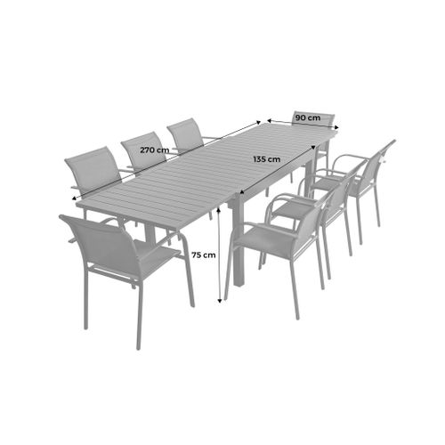 Table De Jardin Extensible Aluminium + 8 Assises Aluminium Et Textilène. Anthracite. 270 X 90 X 75