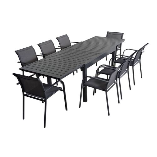 Table De Jardin Extensible Aluminium + 8 Assises Aluminium Et Textilène. Anthracite. 270 X 90 X 75