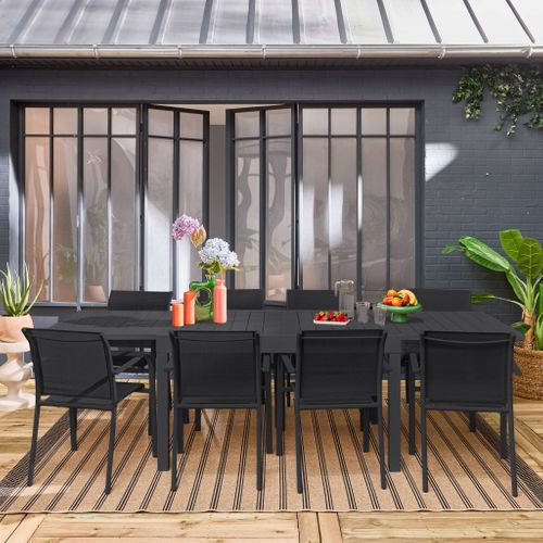 Table De Jardin Extensible Aluminium + 8 Assises Aluminium Et Textilène. Anthracite. 270 X 90 X 75