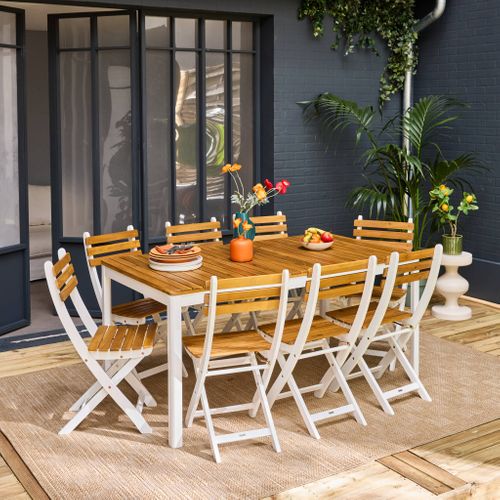Table De Jardin Acacia Avec Coins Arrondis + 8 Assises Blanc. 160 X 90 X 75 Cm
