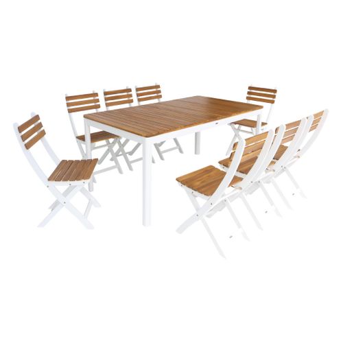 Table De Jardin Acacia Avec Coins Arrondis + 8 Assises Blanc. 160 X 90 X 75 Cm
