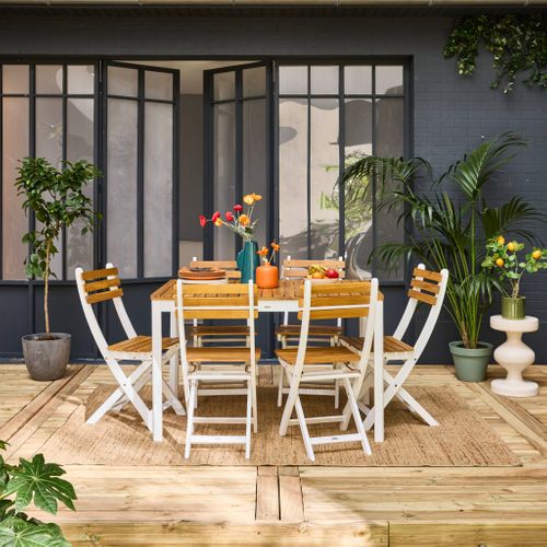 Table De Jardin Bois D'acacia + 6 Assises Blanc. 120 X 80 X 75 Cm