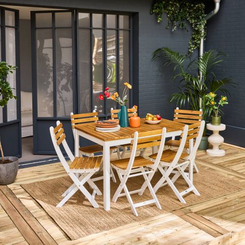 Table De Jardin Bois D'acacia + 6 Assises Blanc. 120 X 80 X 75 Cm