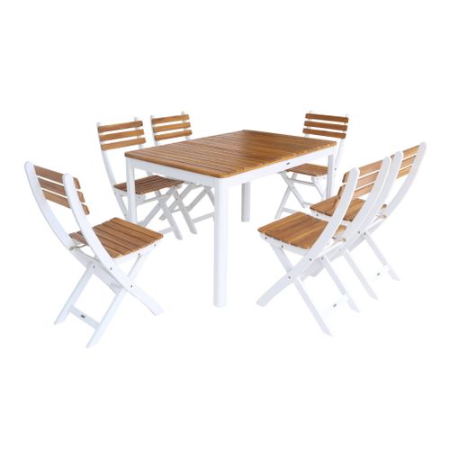 Table De Jardin Bois D'acacia + 6 Assises Blanc. 120 X 80 X 75 Cm