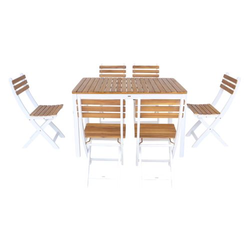 Table De Jardin Bois D'acacia + 6 Assises Blanc. 120 X 80 X 75 Cm