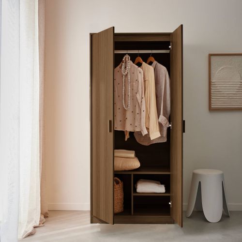 Dressing. Armoire. 2 Portes Avec Penderie Et Rangements Linear Noyer. Panneaux Stratifiés Et Pied