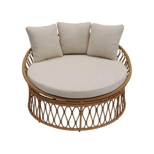 Bain De Soleil. Lit De Jour. Lounge Extérieur Rond Acier Et Imitation Rotin Naturel Et Beige 2
