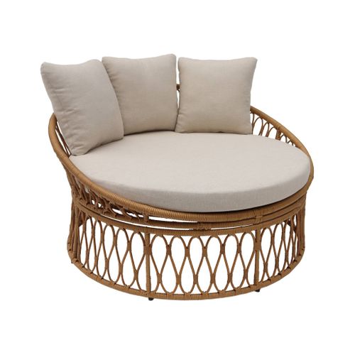 Bain De Soleil. Lit De Jour. Lounge Extérieur Rond Acier Et Imitation Rotin Naturel Et Beige 2