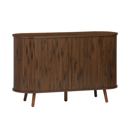 Buffet Scandinave 2 Portes Coulissantes. 4 Compartiments. Décor Bois Rainuré. Couleur Noyer. Buffet