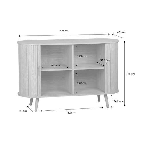 Buffet Scandinave 2 Portes Coulissantes. 4 Compartiments. Décor Bois Rainuré. Couleur Noyer. Buffet