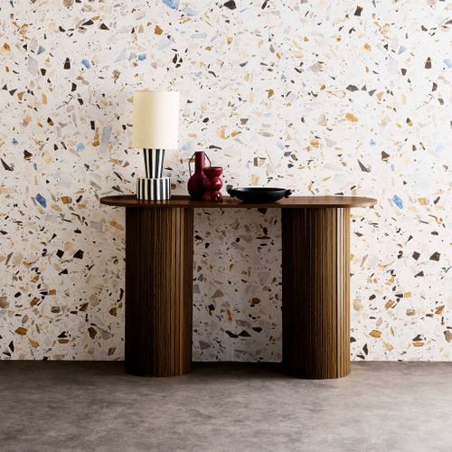 Console Ovale Scandinave Décor Bois Rainuré. Pieds Ronds. Couleur Noyer. L 120 X P 35 X H 75cm