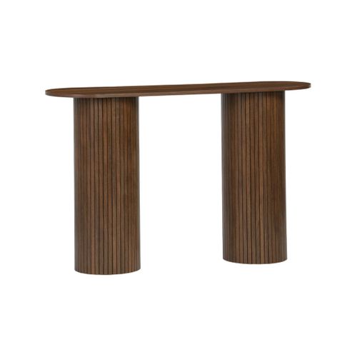 Console Ovale Scandinave Décor Bois Rainuré. Pieds Ronds. Couleur Noyer. L 120 X P 35 X H 75cm