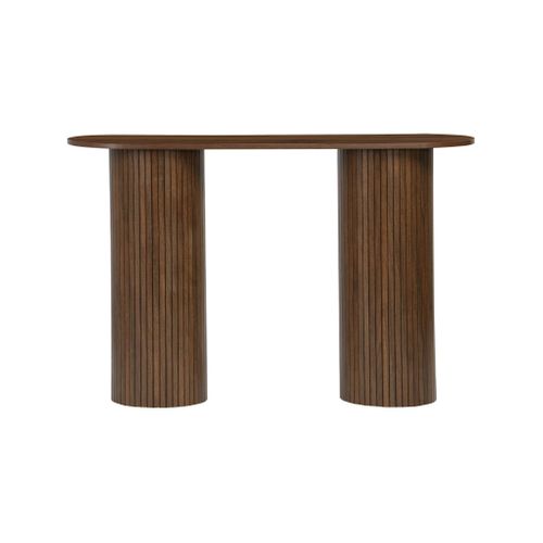 Console Ovale Scandinave Décor Bois Rainuré. Pieds Ronds. Couleur Noyer. L 120 X P 35 X H 75cm